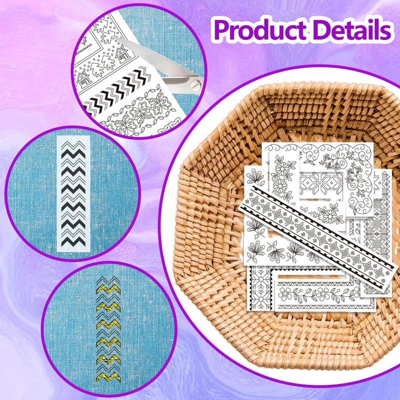 ORIGACH 4 Sheets Water Soluble Embroidery Patterns Stabilizers - Pre-Printed Borders & Motifs Designs - Stick & Stitch Embroidery Paper for Hand Sewing Lovers - Image 3